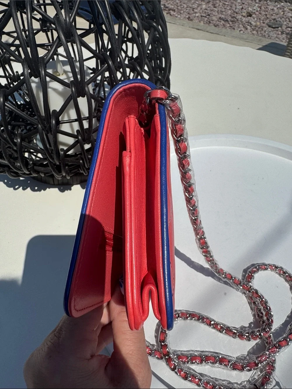 CHANEL Coral Quilted Leather Crossbody with Blue and Mint Trim